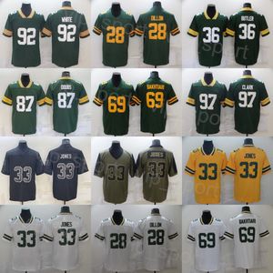 Mans Football 28 AJ Dillon Jersey 87 Romeo Doubs 97 Kenny Clark 92 Reggie White 69 David Bakhtiari 33 Aaron Jones 36 Leroy Butler Vapor UNIFICADO UNIFICADO UNIFICADO