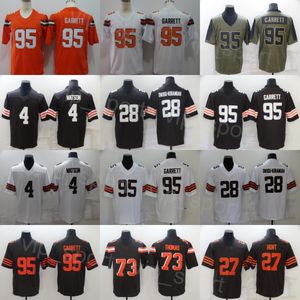 Mans Football 4 Deshaun Watson Jersey 27 Kareem Hunt 28 Jeremiah Owusu-Koramoah 95 Myles Garrett 73 Joe Thomas Army Green Salute to Service Brown White Orange Team Service