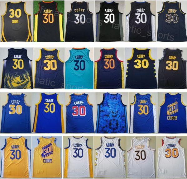 Mans Stephen Curry 30 City Basketball Jersey Team gagné cousu équipe noir blanc bleu jaune association respirant icône pour les fans de sport couleur broderie vente