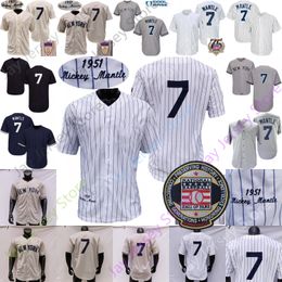 Mantle Jersey Hall Of Fame Patch 75th Salute to Service 1951 Grey Turn Back Cream White Pinstripe Navy Player Fans Maat S-3XL