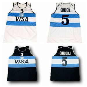 Manu Ginobili # 5 Team Argentina Basketball Jersey Mens cousé les maillots de la marine blanche personnalisés sur la taille du numéro de nom 2xs-6xl