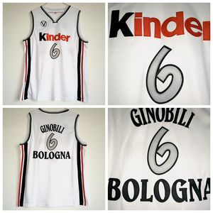 Manu Ginobili Jersey # 6 Virdus Kinder Bologna European Mens Basketbal Jerseys Steek White Camiseta de Baloncesto Shirts