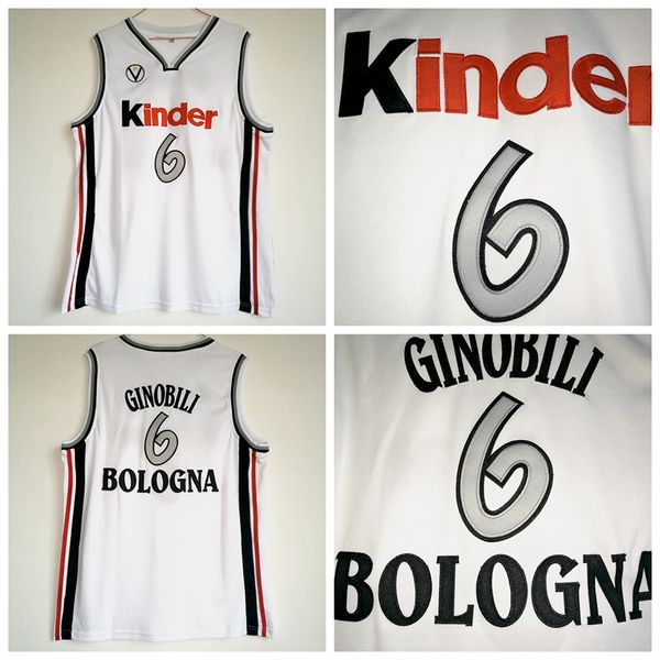 Manu Ginobili Jersey # 6 Virtus Kinder Bologna Maillots de basket-ball européens pour hommes Cousus Blanc Camiseta De Baloncesto Chemises
