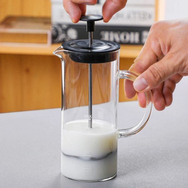 Manuel lait frother verre lait mousse de café en verre en verre en maille française cafetière