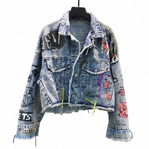 Handleiding Klinknagel Kralen Lijn Kwastje Brief Graffiti Print Vrouwen Denim Jas Lente Herfst 2023 Casual Gat Denim Jas Veste Femme I6os #