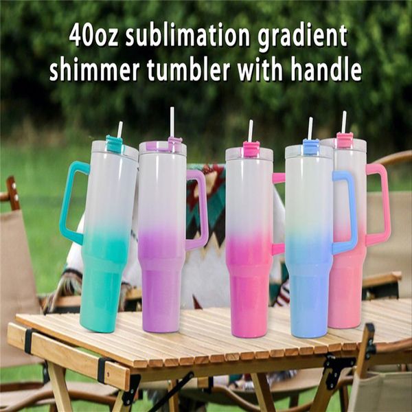 Fabrication 40 oz Sublimation Gradient Glitter Tumblers avec poignée 5 couleurs en acier inoxydable tasses de voyage isolées sous vide Big Capa258A