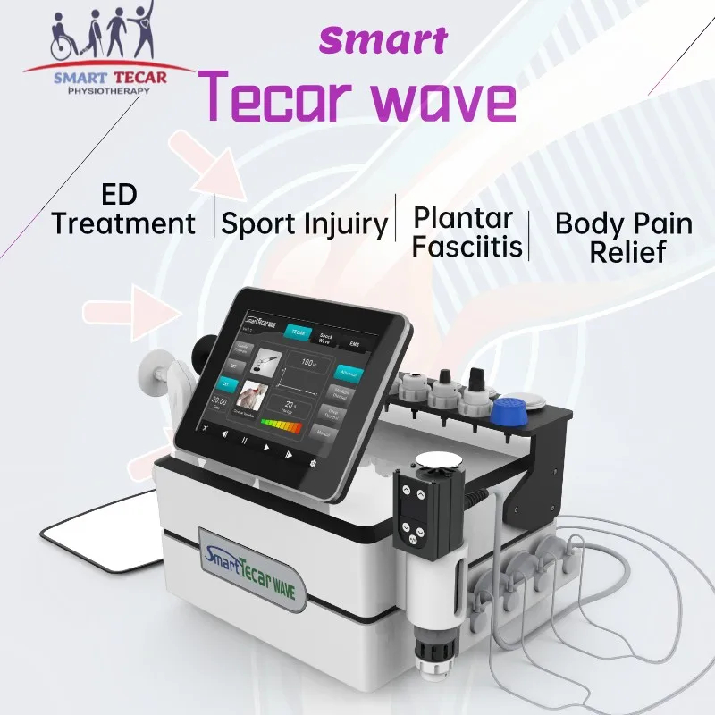 3 em 1 Smart Tecar Wave 448khz Tecar Therapy EMS Estimulador muscular Equipamento de fisioterapia Reabilitação Eswt Shockwave Therapy ED Tratamento Máquina de alívio da dor