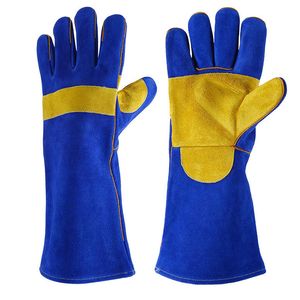 Guantes de soldadura de dos capas para ganado azul real de 16 pulgadas con soporte grueso de aislamiento térmico para protección de manos de cabello liso del fabricante