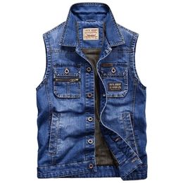 Manvelous Denim Gilets Hommes Avec De Nombreuses Poches Extérieur Tactique Respirant Mesh Gilet Veste Sans Manches Casual Mince Mâle Gilet Manteau T190828