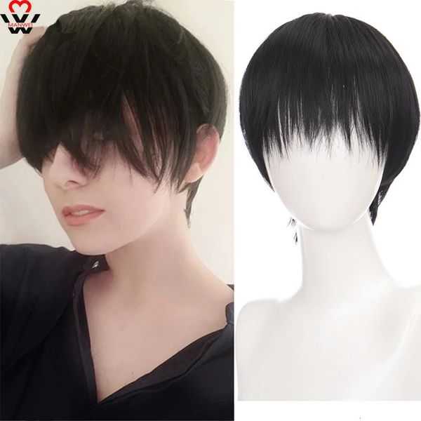 MANWEI Moda Hombres Peluca corta Pelucas sintéticas rubias amarillas claras con flequillo para hombres mujeres niño Cosplay disfraz Anime Halloween 231229