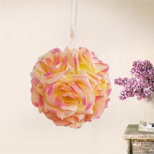 2 stks/lot 10 cm nieuwe kunstmatige codering roze zijden bloem kussende ballen hangende bal kerst ornamenten trouwfeestdecoraties