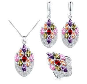 Veel kleuren kleurrijk kubisch zirkon 925 sterling zilveren sieraden set oorbellen ring ketting set voor vrouwen mooi ontwerp2025804