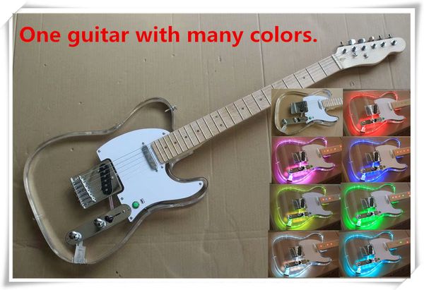 Guitarra eléctrica de cuerpo acrílico transparente con luz LED de muchos colores con puente cromado, diapasón de arce, se puede personalizar