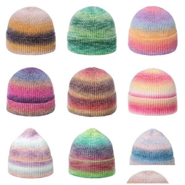 Bonnets tricotés pour femmes, plusieurs couleurs, teinture par nouage, chapeau épais et chaud, arc-en-ciel, casquette d'extérieur pour filles, automne hiver