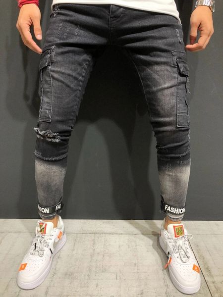 Beaucoup de couleurs nouveaux hommes multi-poches Skinny Biker Jeans moto Hip hop Streetwear élastique Slim fit Cargo Joggers Denim pantalon C1123