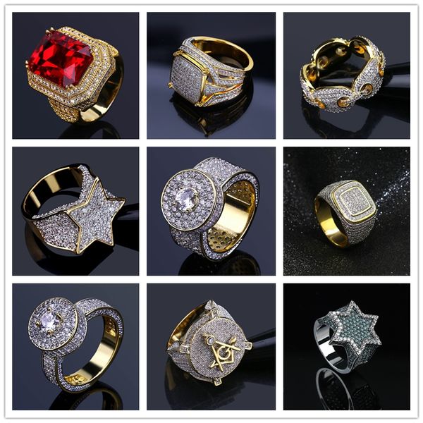 Muchos diseños para opciones Bling Iced Out Gold Rings Mens Hip Hop Jewelry Cool CZ Stone Men Hiphop Anillos Tamaño 7-11