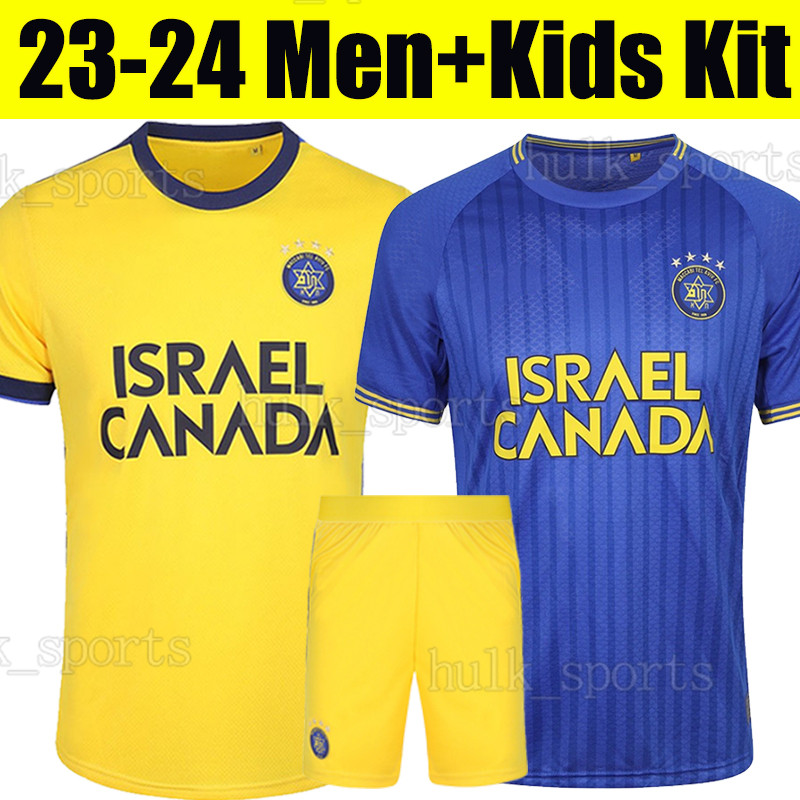 23/24 Maccabi Tel Aviv Soccer Jerseys 2023 2024 Nachmias Perica Biton Kuwas Yeini Geraldes Home Away Men Kids Kits Sock Set Football Shirt Kort toppkvalitet