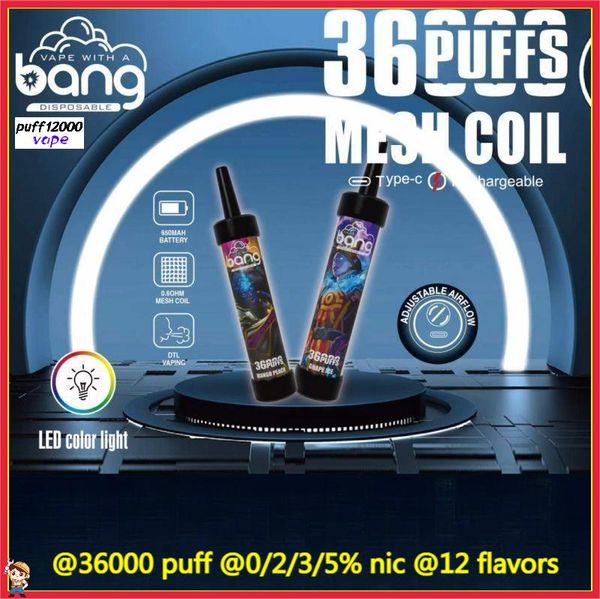 de nombreuses bouffées Bang Box Puff 36000 E Kit de cigarettes 36K Puffes Pen de vape jetable 40 ml Bobine e-liquide Rechargeable 850mAh Vapers de batterie 0% 2% 3% 5% 12 Couleurs Vaporisateurs