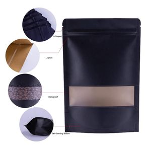 Sacs refermables en papier kraft noir de plusieurs tailles, fermeture éclair anti-odeur, pochette avec fenêtre mate, encoche de déchirure pour biscuits au thé et bonbons LX4207