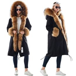 Mao Mao Kong Winter Woman Natural Fur Overcoat Plus Size dames Parkas Black Raccoon Fur Lining x Long Warm Jacket Coats 201103