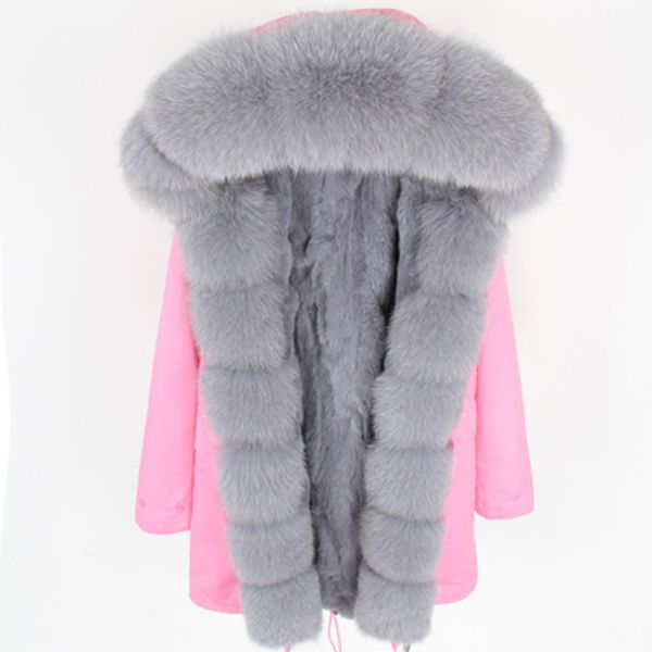 Doublure en fourrure de renard et de lapin gris parkas longues roses garniture en fourrure de renard gris somptueux veste en toile de fourrure de neige à seuil parkas pour femmes