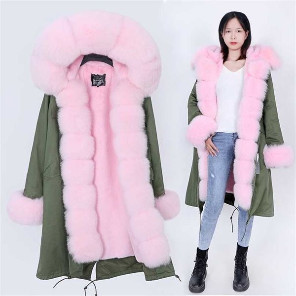 Doublure en laine naturelle Maomaokong Fashion femmes à capuche long manteau parka veste armée vert grand col de fourrure hiver DHL 211216