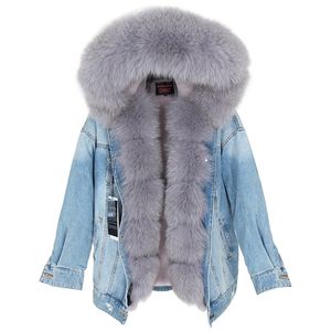 Maomaokong fourrure de renard naturel grand col de fourrure veste veste denim fourrure de mode lâche doublure amovible manteau en cuir manteau femme tissu 201027