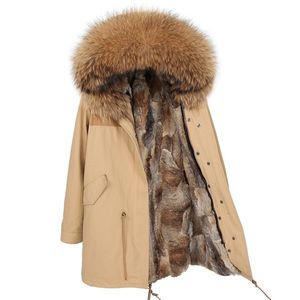 Maomaokong Natural Rabbit Fur Women Long Parkas Real Fur Coat Winter Jacket Natural Raccoon Burar Collar Parka Women's Jacket 201112