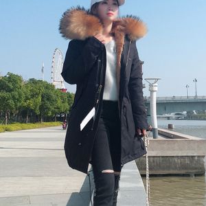 MAOMAOKONG Véritable manteau de col de fourrure de raton laveur vêtements pour femmes long manteau chaud épais femme manteau d'hiver parkas veste femme 201201