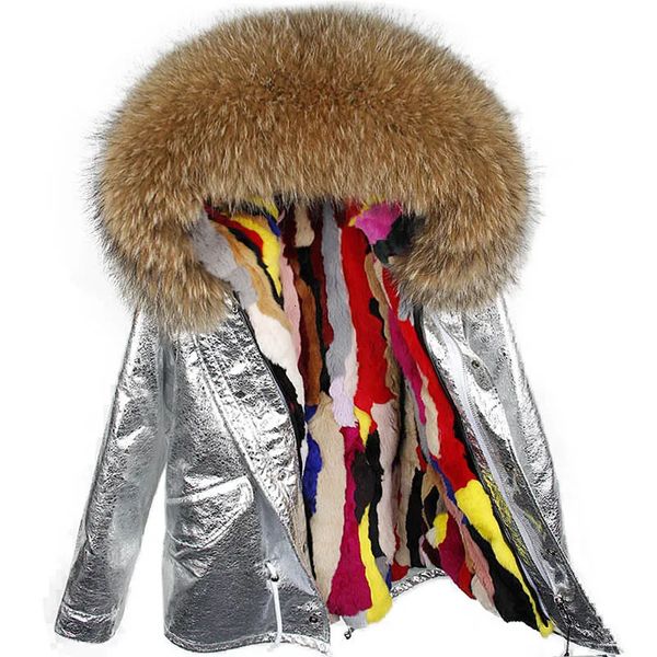 Maomaokong lapin fourrure doublé Parka naturel réel manteau de fourrure argent manteau hiver veste femmes raton laveur renard col de fourrure chaud Parkas 240105