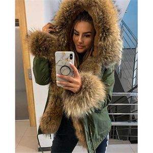 MAOMAOKONG WINTER Kleding Dames Natuurlijke Bontjas Echte Wasbeer Bontkraag Parkas Faux Voering Korte Jas Voeg Slacket CUF 211122 toe