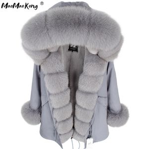 maomaokong Hiver Femmes Gris Naturel Réel Fourrure De Renard Veste À Capuche Épais Chaud Mode Réel Manteau De Fourrure Long Parkas Noir Imperméable 201217