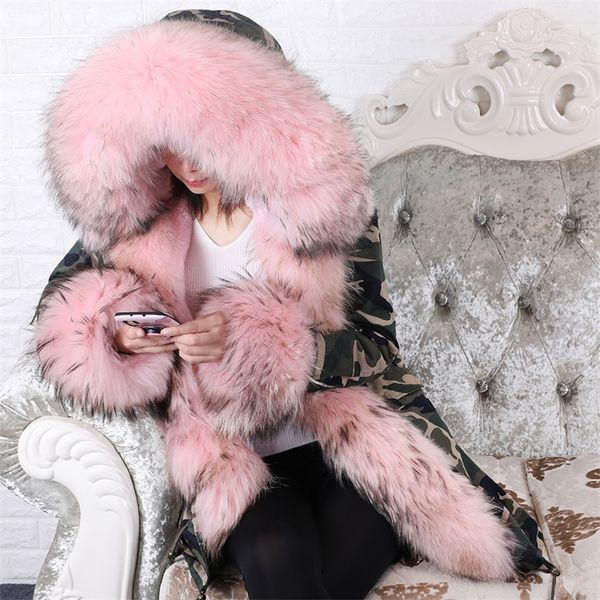 MAOMAOKONG hiver femmes longs manteaux avec rose véritable manteau de fourrure de raton laveur naturel col long parkas veste chaude femmes 201214