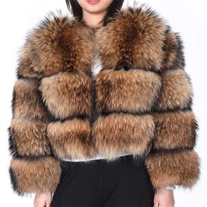Maomaokong Winter Dames Echte Bontjas Natuurlijke Wasbeer Bontjas Hoge Kwaliteit Bont Ronde hals Warm Woman Jacket 211019