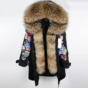 Maomaokong X-Long borduurwerk grote echte bontparhood Parkas jas Natural Fur Women Military Jacket 201126