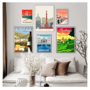 Pinturas en lienzo de mapa, póster de papel Kraft de pared Vintage, impresiones artísticas recubiertas, carteles, decoración del hogar, regalo, Burdeos, Francia, vino, país, viaje, Woo