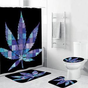 Maple Leaf Print Douchegordijn Badkamer Set 4 Stuk Bad Mat Pad Tapijt Cover Toilethoes, Waterdichte Polyester Stof T200711