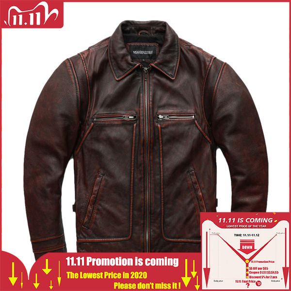 MAPLESTEED Marque Hommes Veste en cuir Noir Rouge Marron 100% peau de vache Vintage Vestes Hommes Manteau d'hiver à manches longues 62- M- LJ201029