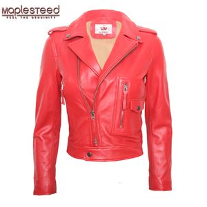 Maplesteed dames lederen jas schapenvacht jas Lambskin Red Black vrouw echt lederen overjas dames motorkleding M117 20103030