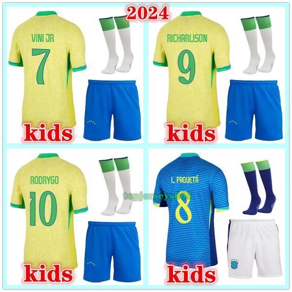 Nuevo 2024 Brasil Jersey Vini Jr Jerseys de fútbol Hogar Kits de fútbol para niños Calcetines 24 25 Brasils de niños Richarlison Rodrygo Jersey camiseta