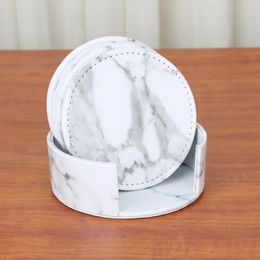 Marble Coffee Cup Coaster Set with Coasters Holder Round PU Leather Tea Cup Pad Beverage Tableware Placemats for Bar