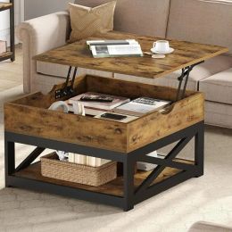 Mesa de café de mármol Mesa de café de elevación marrón rústica de lujo con mesas de cafetería de almacenamiento doble para muebles de sala de estar comidas