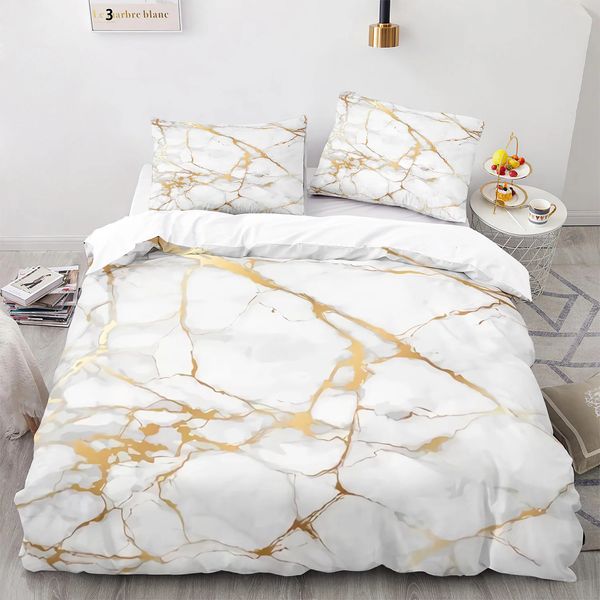 Conjunto de cubierta de nórdico de mármol tamaño kingqueen de oro blanco abstracto textura de mármol juego de ropa de cama estampada cubierta de edredón de poliéster abstracto 240416