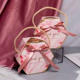 Marmeren cadeau wrap box papieren snoep chocolade verpakking dozen creatieve zeshoek cadeaubak met handgreep bruiloft babyfeest bedankt voorraden bh8376 tyj