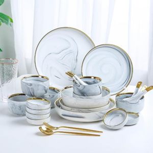 Ensembles d'assiettes et bols en céramique gris en marbre pour le 6/8/10 Dîner Assiettes de soupe avec des ensembles de vaisselle de jante doré pour la maison