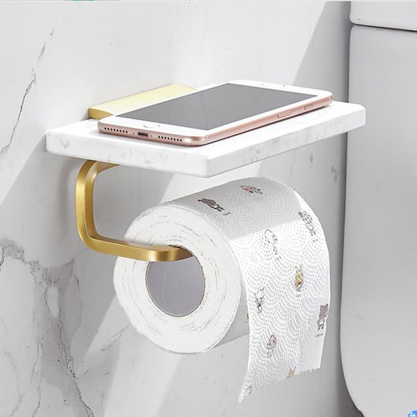 Porte-serviettes en papier en marbre Porte-papier toilette Porte-papier mural Boîte de papier portable Étagère de téléphone portable Accessoires de salle de bains Barre de serviette en or brossé 210320