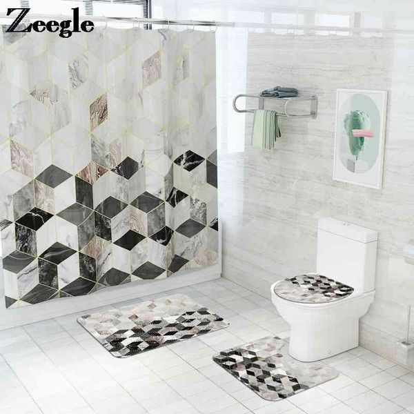 Rideau de douche motif marbre avec ensemble de tapis de bain tapis de toilette en microfibre tapis de sol de salle de bain tapis de couverture de siège de toilette lavable 210401