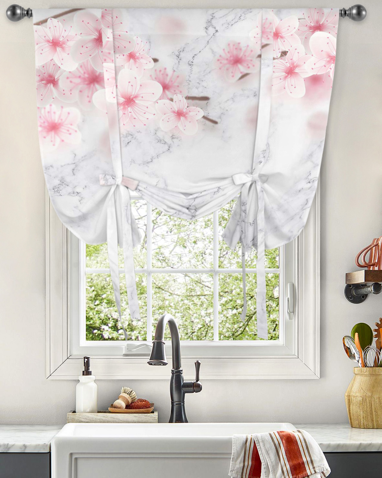 リビングルームのための大理石の桃のピンクの花の窓カーテンキッチンカフェ用ローマのカーテンを縛る短いドレープ