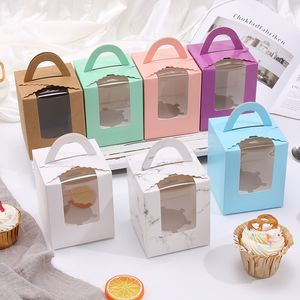 Marbre rouge papier tasse gâteau boîte un trou Transparent fenêtre Muffin boîte blanc carton Portable cuisson emballage boîte 500 pièces