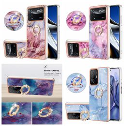 Marble Soft IMD TPU Fundas con soporte para Xiaomi POCO X4 PRO 5G M4 4G X3 NFC Redmi Note 11T A1 9A 11S PRO 10 Anillo de dedo de metal Anti-caída 2.0MM Cubiertas de teléfono con revestimiento de piedra cromada